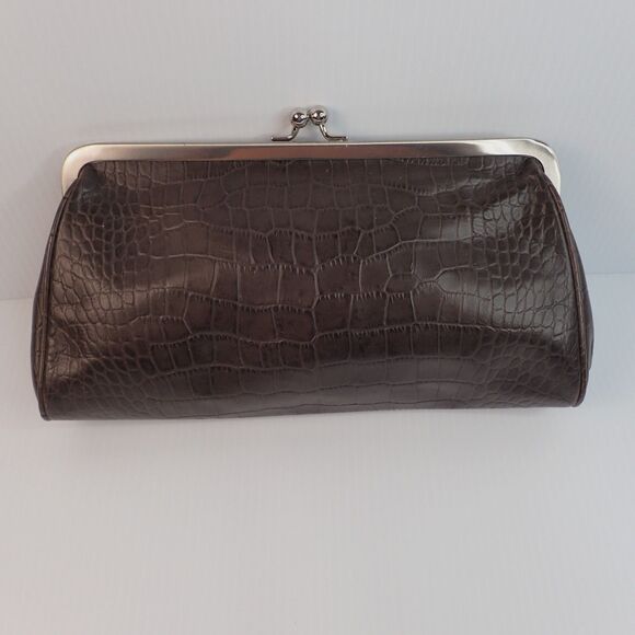 ANN TAYLOR LOFT Croc Embossed Dark Brown Leather Kiss-Lock Purse Bag Clutch - Picture 2 of 15